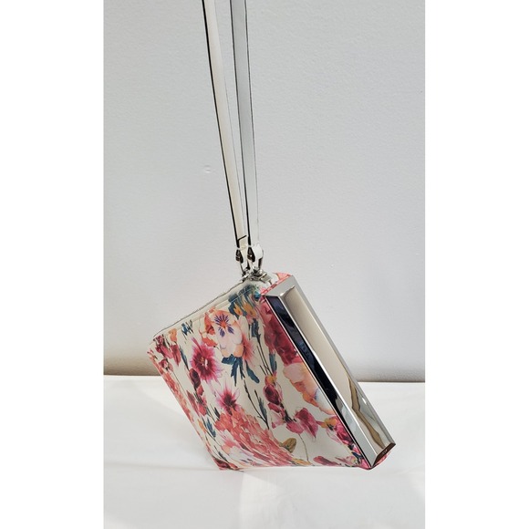 Karen Millen Floral Clutch Wristlet Bag Cream Pink Roses Designer Evening - Picture 12 of 14